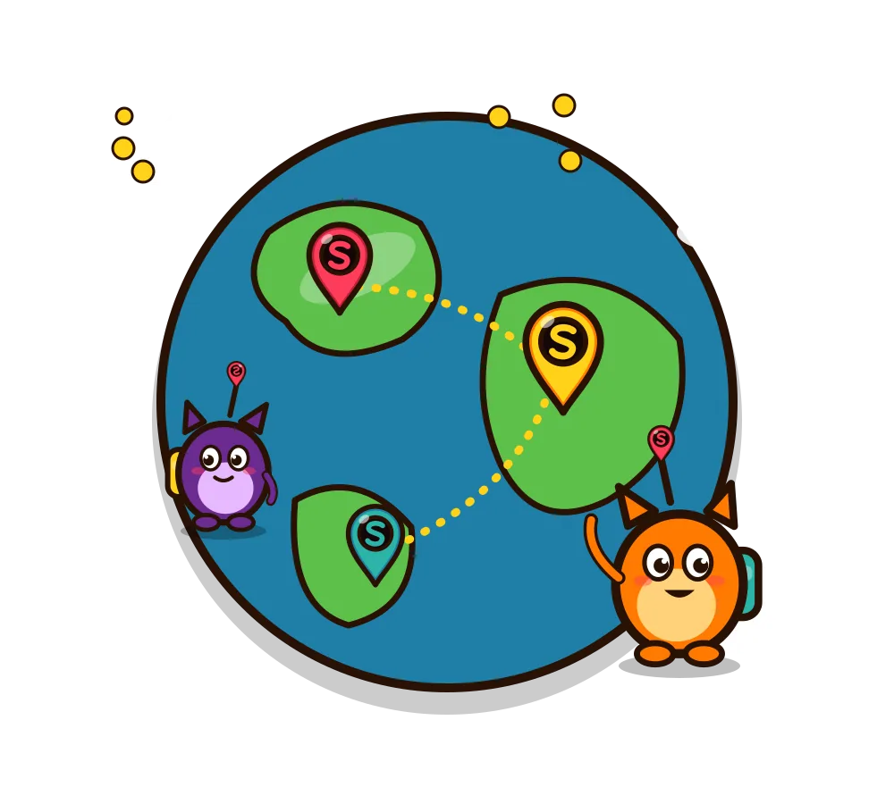 A globe with three map pins joined by a dotted route and two explorers