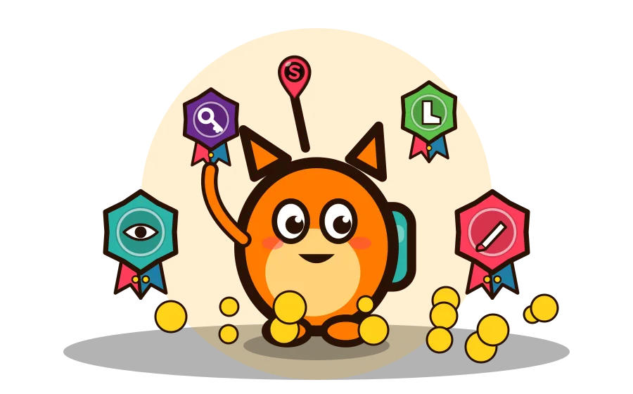 An explorer surrounded by ribbon badges and gold coins